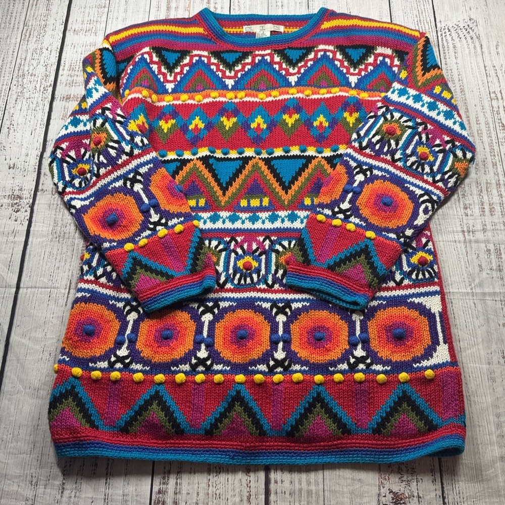 VINTAGE RTR RAMIE BLEND SWEATER COLORFUL SHOULDER PADS SIZE 2  90S SHOULDER PADS